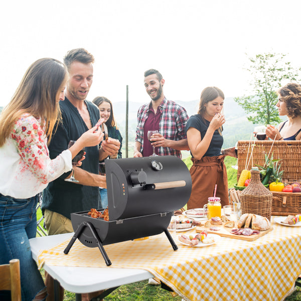 Portable Charcoal Grill With Thermometer & Wooden Handle, Compact Tabletop Barbecue Grill For Outdoor Camping BBQ Grilling  Party Cooking