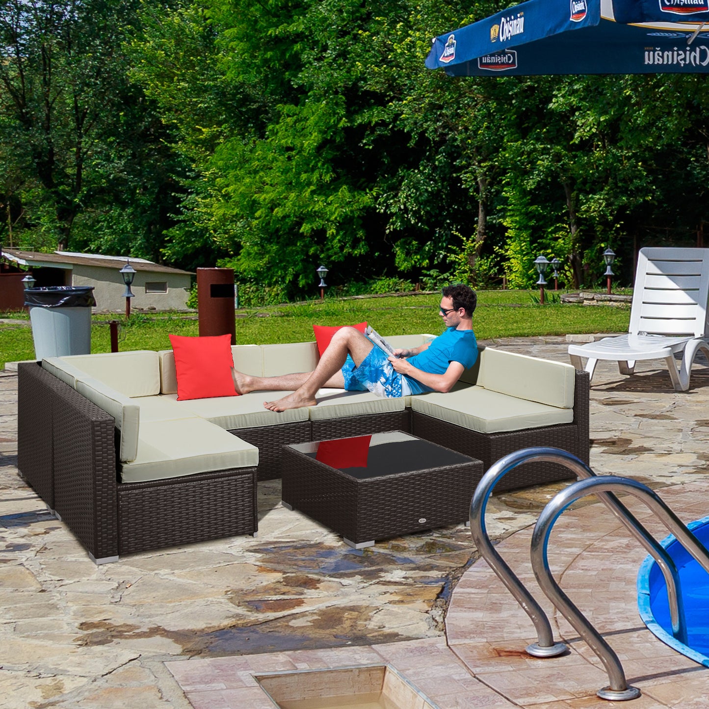 7 Piece Outdoor Patio Sofa Set with Cushions, All Weather PE Rattan, 29.5" Sofa Section, Glass Top Coffee Table for Outdoor Living, Beige