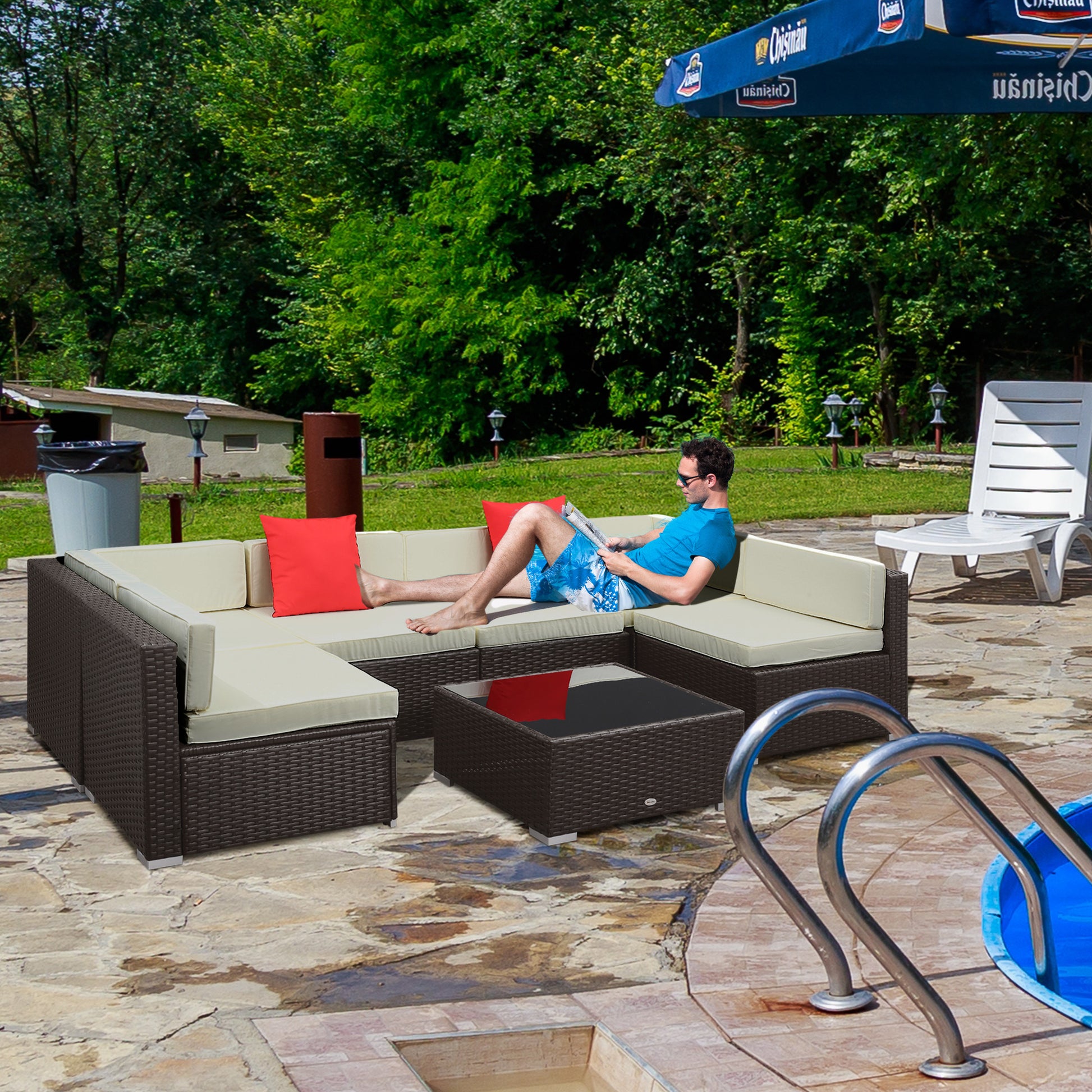 7 Piece Outdoor Patio Sofa Set with Cushions, All Weather PE Rattan, 29.5" Sofa Section, Glass Top Coffee Table for Outdoor Living, Beige