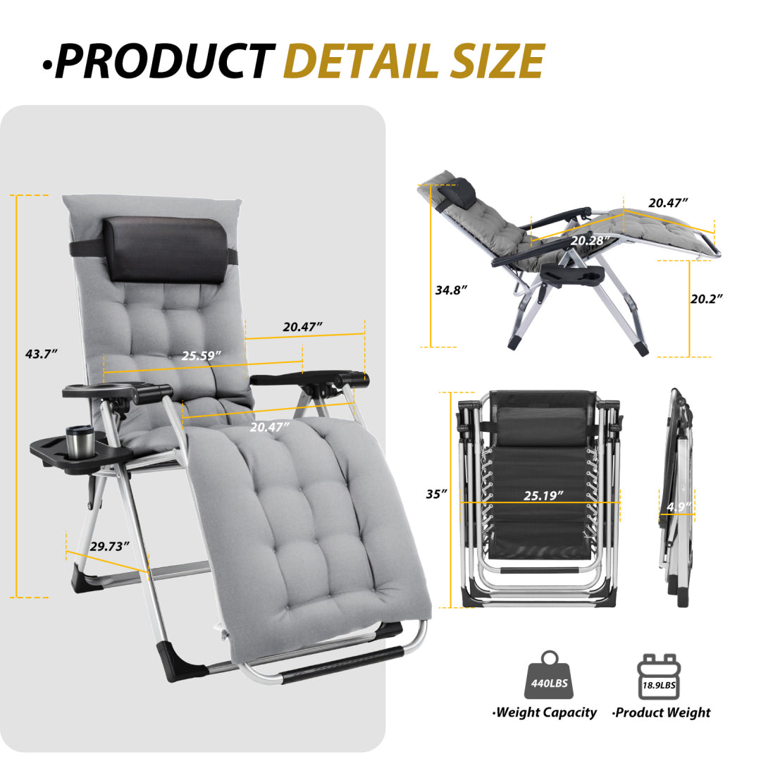 Zero Gravity Chair, Reclining Camping Lounge Chair For Indoor, Reclining Patio Chairs With Cup Holder Trays And Removable Cushion