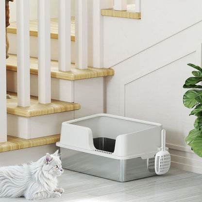 Stainless Steel Litter Box with High Side, Scoop, Easy Cleaning & Anti-Urine Leakage, for Big Cats, Light Gray