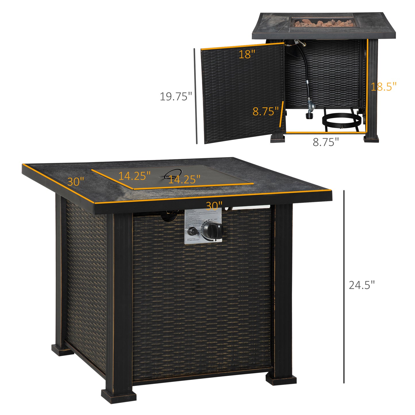 30 Inch Outdoor Propane Gas Fire Pit Table, 50,000 BTU Auto-Ignition Square Wicker-effect Gas Firepit With Ceramic Tabletop, Lid, Lava Rocks & Rain Cover, CSA Certification