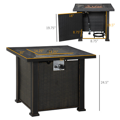30 Inch Outdoor Propane Gas Fire Pit Table, 50,000 BTU Auto-Ignition Square Wicker-effect Gas Firepit With Ceramic Tabletop, Lid, Lava Rocks & Rain Cover, CSA Certification