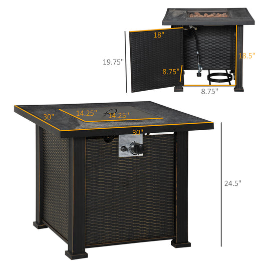 30 Inch Outdoor Propane Gas Fire Pit Table, 50,000 BTU Auto-Ignition Square Wicker-effect Gas Firepit With Ceramic Tabletop, Lid, Lava Rocks & Rain Cover, CSA Certification