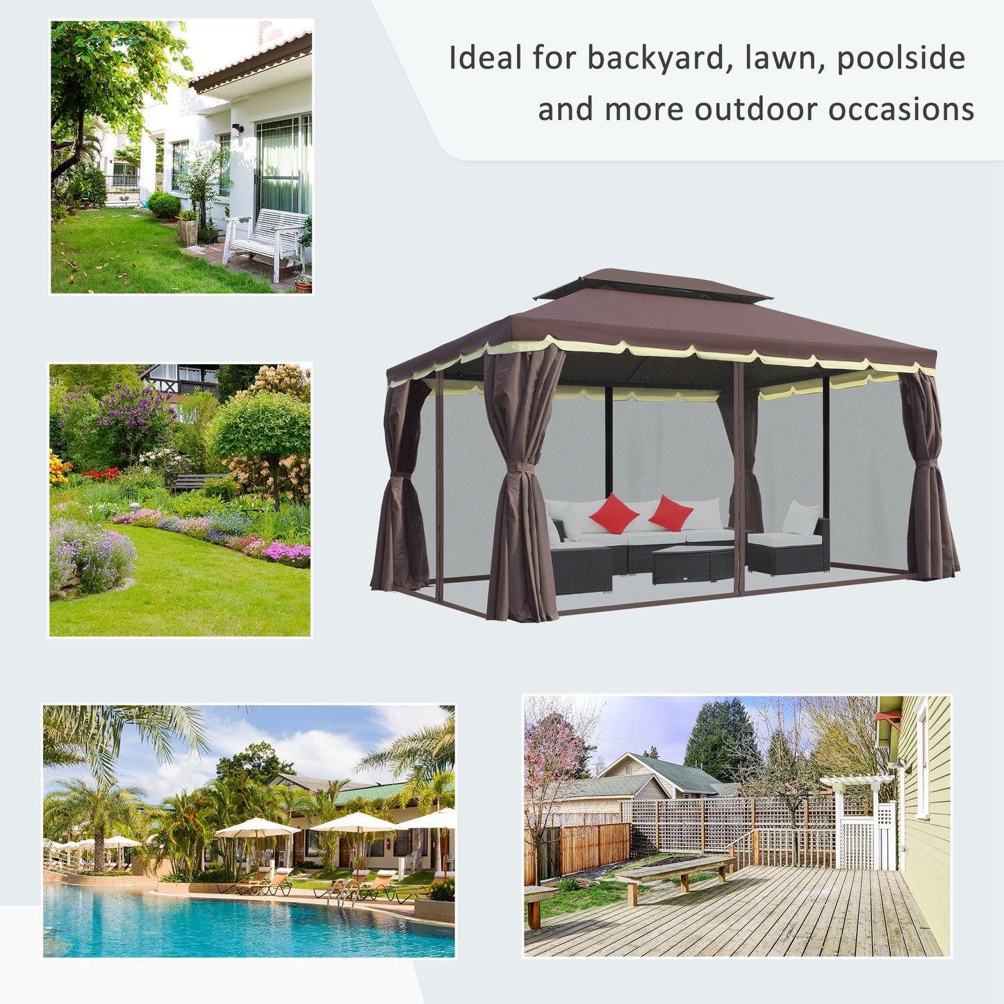 10' x 13' Patio Gazebo, Aluminum Frame Double Roof Outdoor Gazebo Canopy Shelter with Netting & Curtains, Coffee