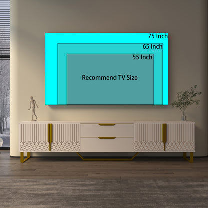TV Console With Storage Cabinets, Carve Design TV Stand With Metal Legs, Large Storage Space Modern Entertainment Center Suit For Living Room, Bedroom, White
