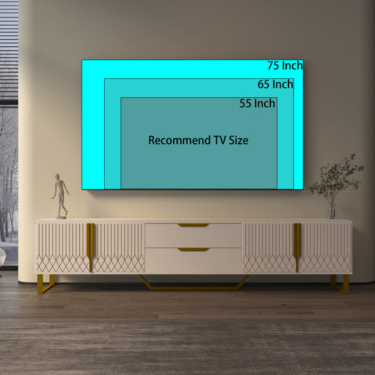 TV Console With Storage Cabinets, Carve Design TV Stand With Metal Legs, Large Storage Space Modern Entertainment Center Suit For Living Room, Bedroom, White