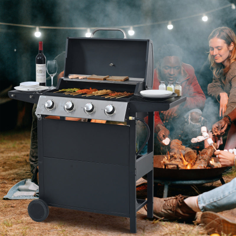 Propane Gas Grill 4 Burner Barbecue Grill, Stainless Steel 34,000 BTU Patio Garden Barbecue Grill With Two Shelves, Lid, Wheels And Bottle Opener