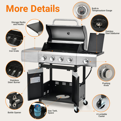 Propane Grill 4 Burner Barbecue Grill Stainless Steel Gas Grill With Side Burner And Cover For Outdoor BBQ, Camping