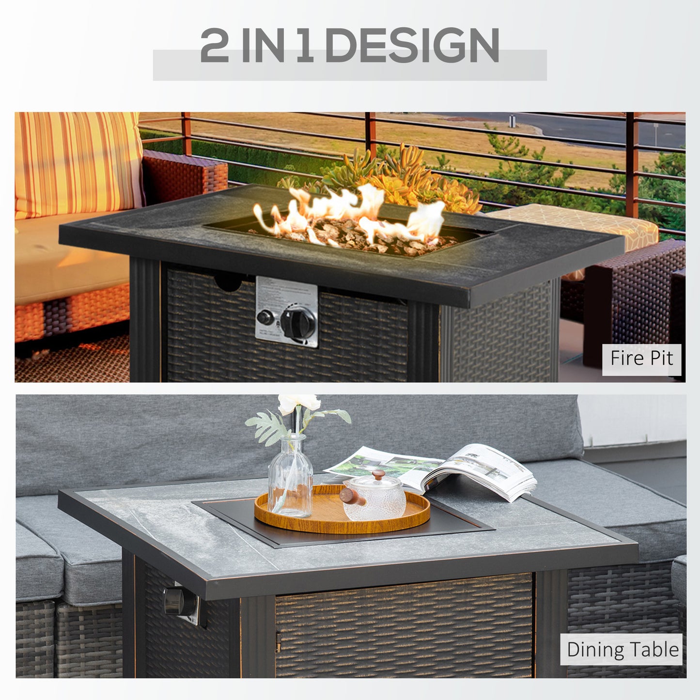 30 Inch Outdoor Propane Gas Fire Pit Table, 50,000 BTU Auto-Ignition Square Wicker-effect Gas Firepit with Ceramic Tabletop, Lid, Lava Rocks & Rain Cover, CSA Certification