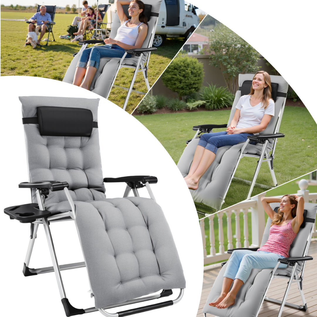 Zero Gravity Chair, Reclining Camping Lounge Chair For Indoor, Reclining Patio Chairs With Cup Holder Trays And Removable Cushion