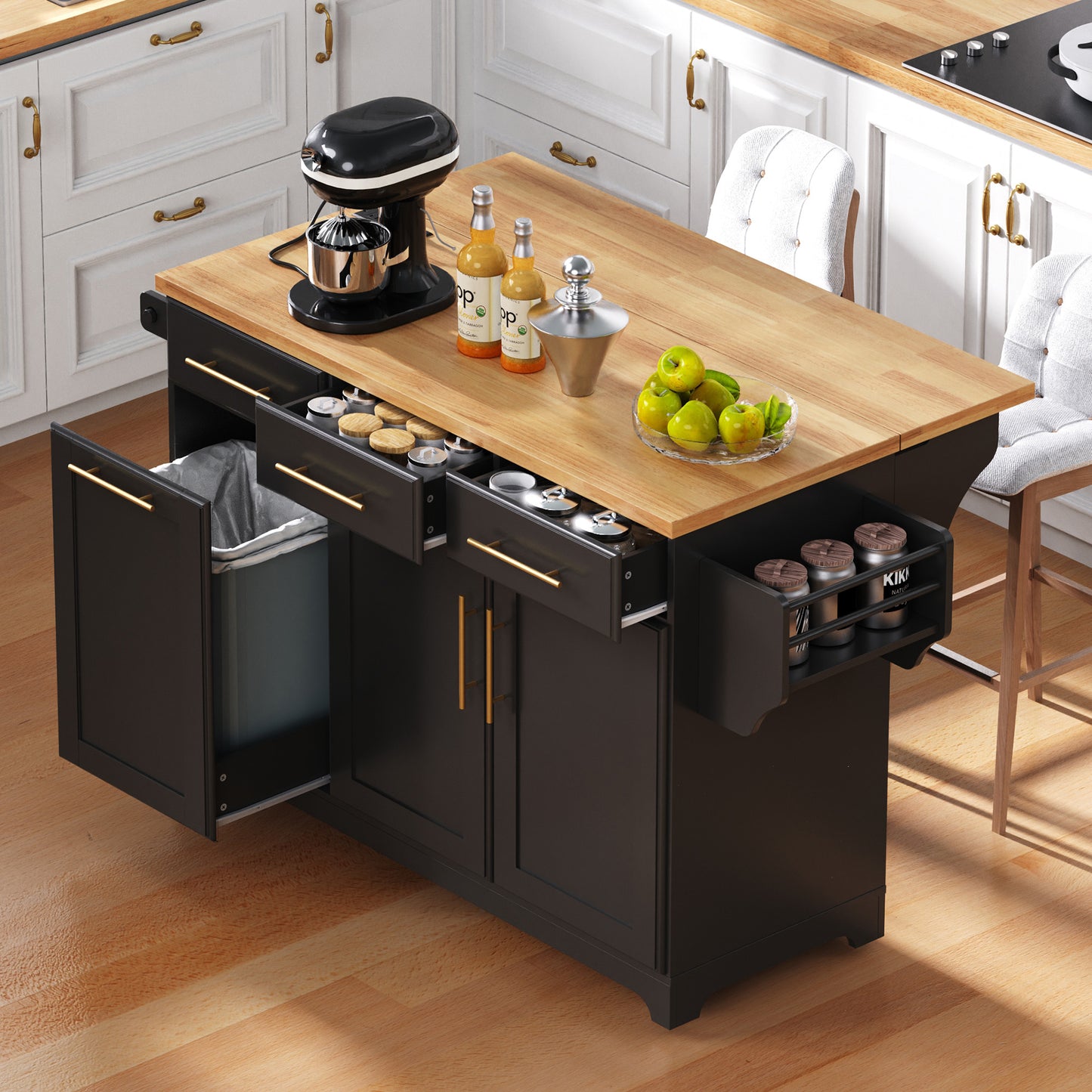 K&K 59.3  Kitchen Island With Storage 2 Pull Out Cabinet Organizers & Rubber Wood Drop Leaf, Rolling Kitchen Island With Trash Can Storage, Power Outlet, Spice & Towel Rack For Kitchen, Dining, Black