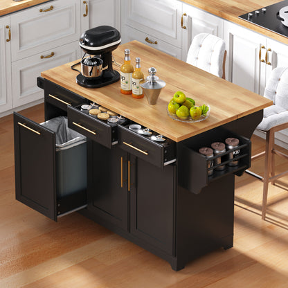K&K 59.3  Kitchen Island With Storage 2 Pull Out Cabinet Organizers & Rubber Wood Drop Leaf, Rolling Kitchen Island With Trash Can Storage, Power Outlet, Spice & Towel Rack For Kitchen, Dining, Black