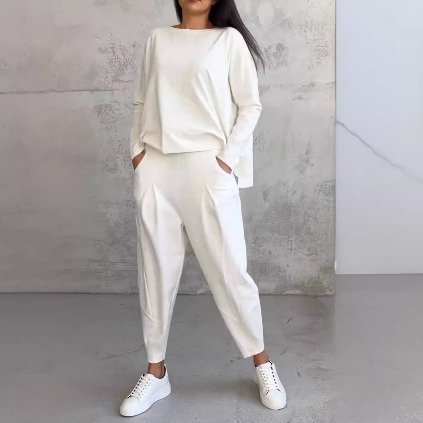 Women's Irregular Suit Long-sleeved Round Neck Top And Loose Harem Pants With Pockets Ins Fashion Trousers Set Women's Clothing