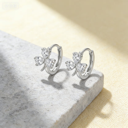 925 Sterling Silver Elegant Heart-Shaped Three-Leaf Clover Silver Hoop Earrings with Sparkling Gemstones