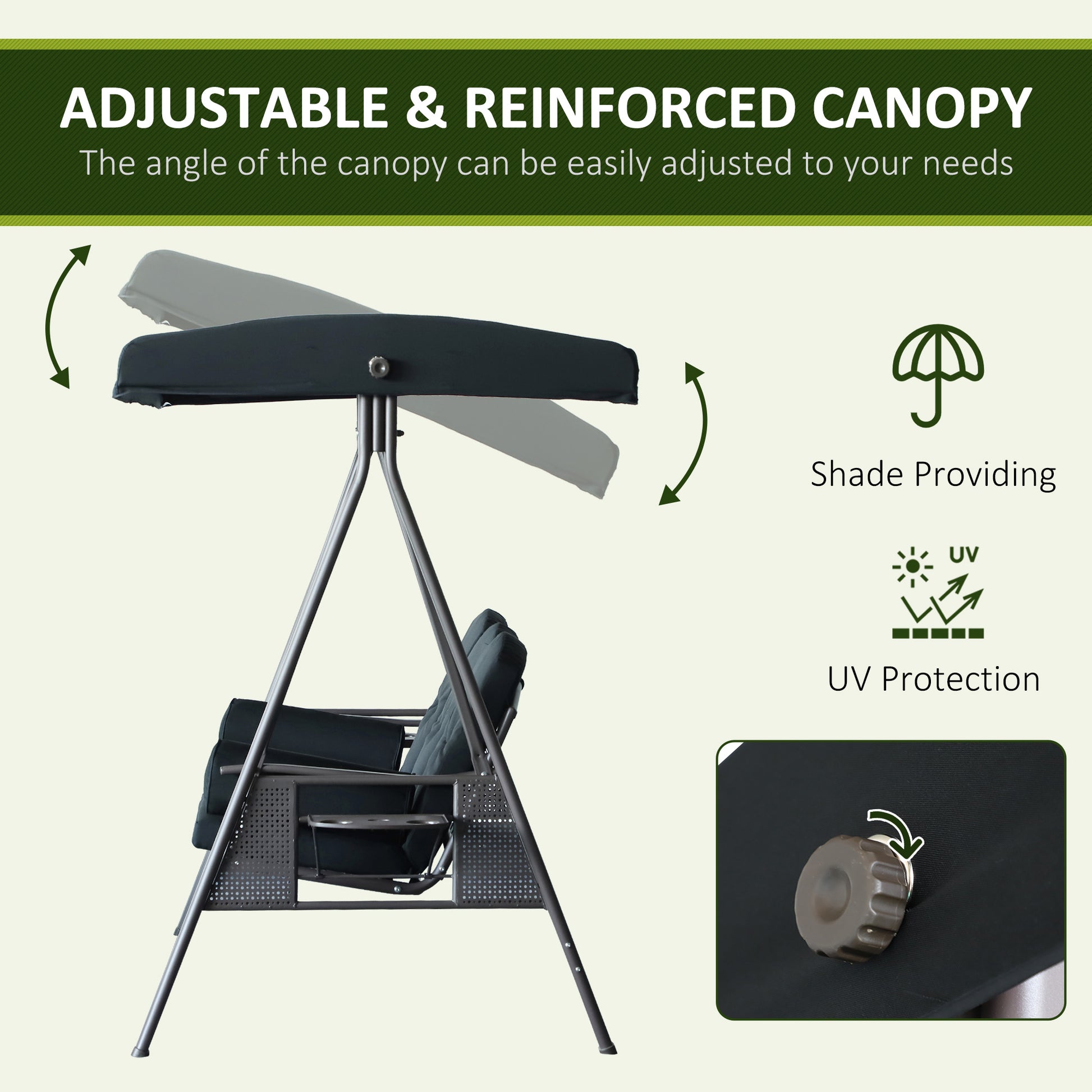 3-Seat Patio Swing Chair, Outdoor Porch Swing Glider with Adjustable Canopy, Removable Cushion, Pillows and Side Trays, for Garden, Poolside, Backyard, Black