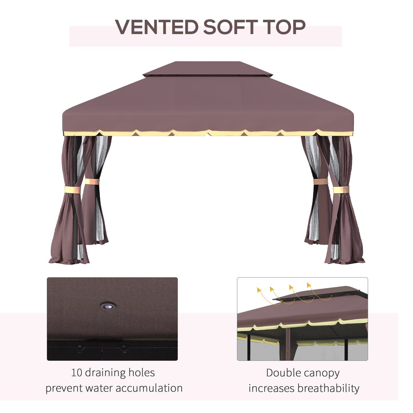 10' x 13' Patio Gazebo, Aluminum Frame Double Roof Outdoor Gazebo Canopy Shelter with Netting & Curtains, Coffee