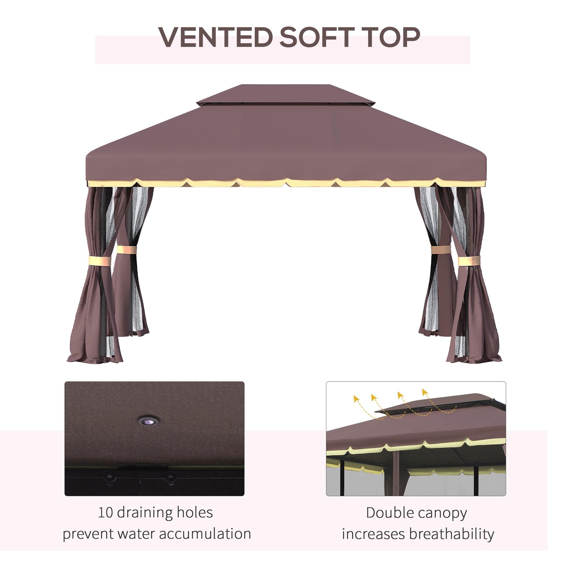 10' x 13' Patio Gazebo, Aluminum Frame Double Roof Outdoor Gazebo Canopy Shelter with Netting & Curtains, Coffee
