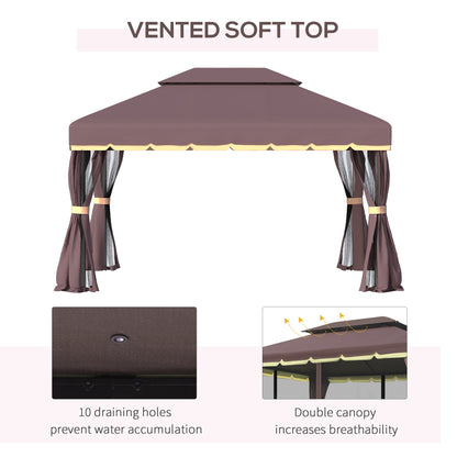 10' x 13' Patio Gazebo, Aluminum Frame Double Roof Outdoor Gazebo Canopy Shelter with Netting & Curtains, Coffee