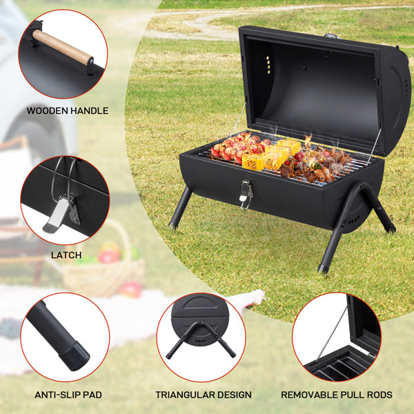 Portable Charcoal Grill With Thermometer & Wooden Handle, Compact Tabletop Barbecue Grill For Outdoor Camping BBQ Grilling  Party Cooking