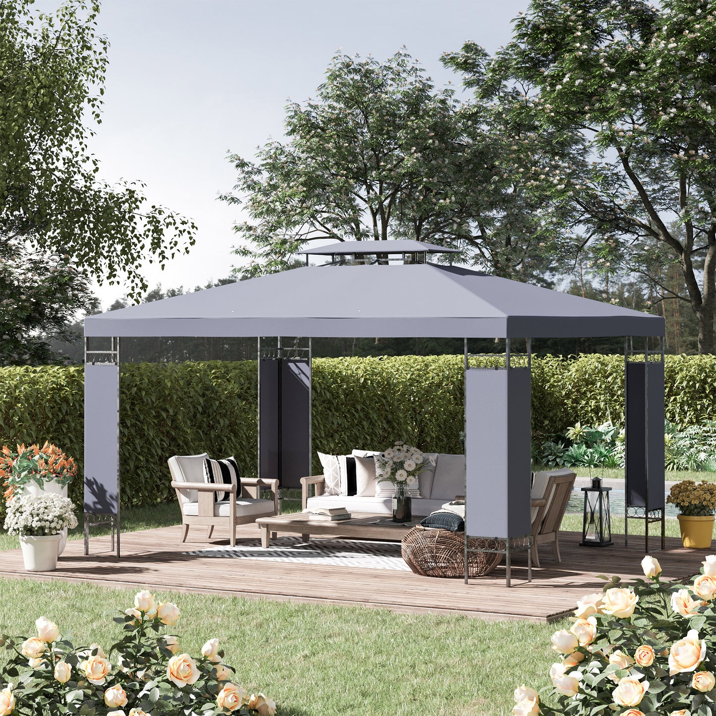 10' x 13' Patio Gazebo, Double Roof Outdoor Gazebo Canopy Shelter with Screen Decorate Corner Frame, for Garden, Lawn, Backyard and Deck, Gray