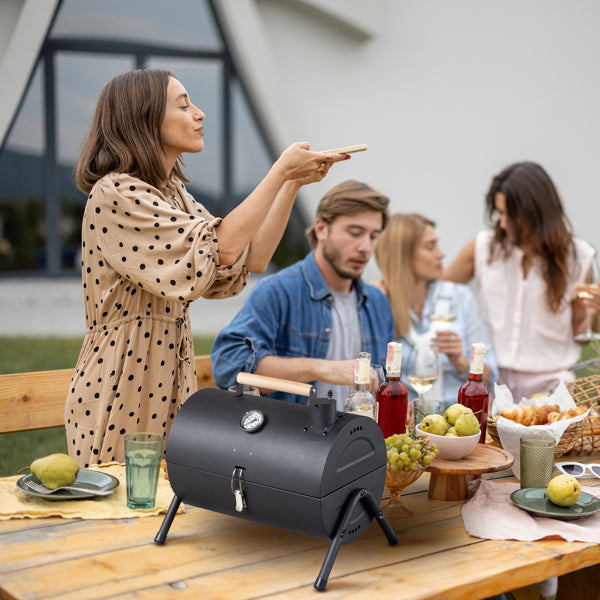 Portable Charcoal Grill With Thermometer & Wooden Handle, Compact Tabletop Barbecue Grill For Outdoor Camping BBQ Grilling  Party Cooking