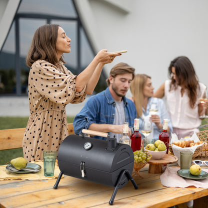 Portable Charcoal Grill With Thermometer & Wooden Handle, Compact Tabletop Barbecue Grill For Outdoor Camping BBQ Grilling  Party Cooking