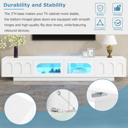 ON-TREND TV Stand With Fluted Tempered Glass Doors For TVs Up To 95'', Functional Media Console With Arched Cabinet Doors, Entertainment Center With APP-Controlled LED Light For Living Room, White