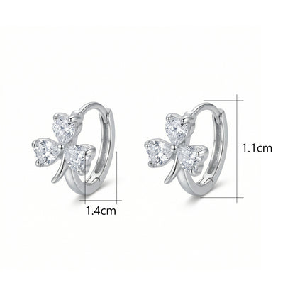 925 Sterling Silver Elegant Heart-Shaped Three-Leaf Clover Silver Hoop Earrings with Sparkling Gemstones