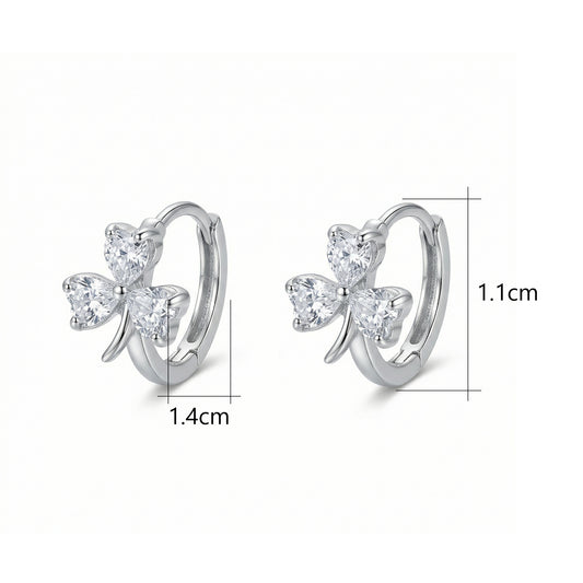 925 Sterling Silver Elegant Heart-Shaped Three-Leaf Clover Silver Hoop Earrings with Sparkling Gemstones