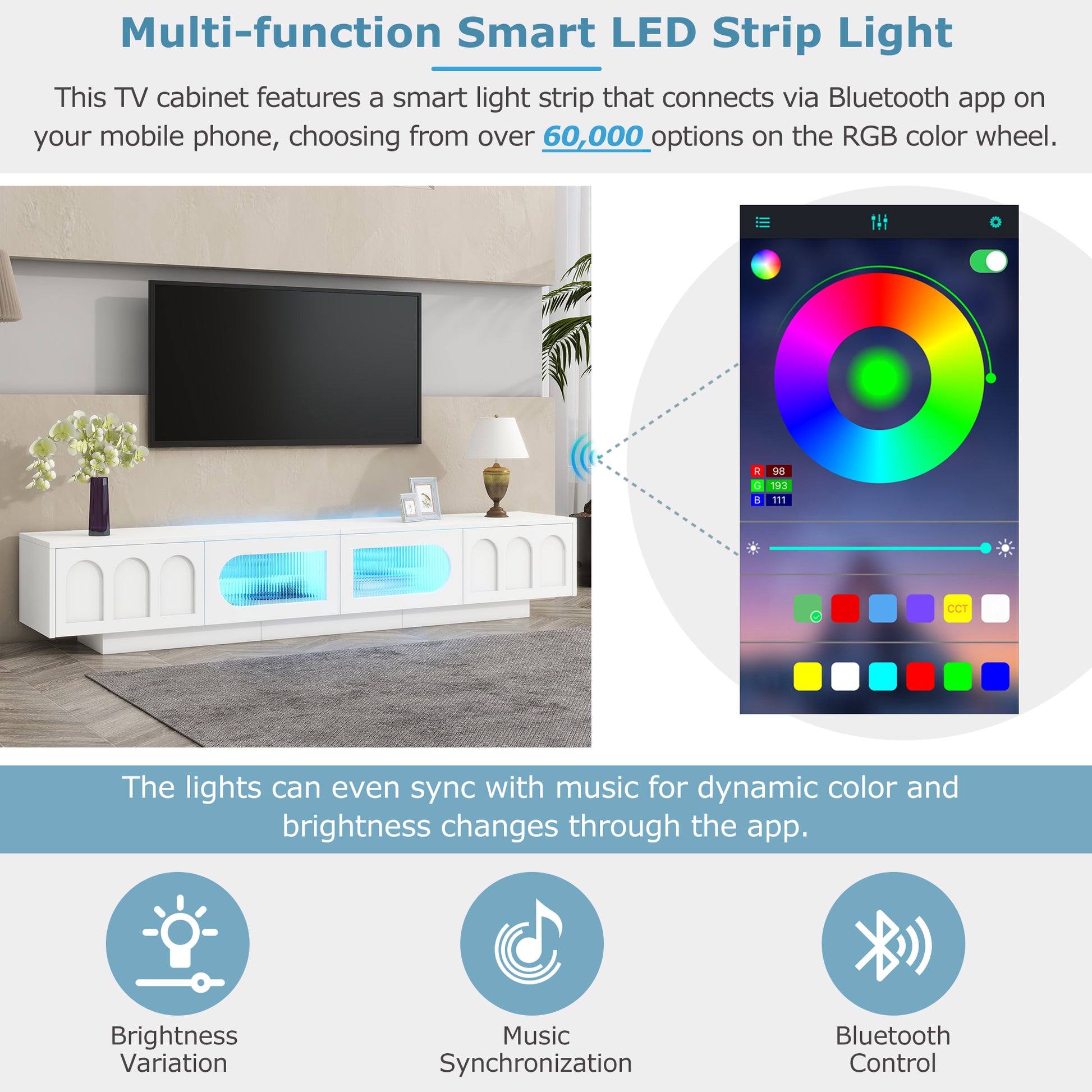 ON-TREND TV Stand With Fluted Tempered Glass Doors For TVs Up To 95'', Functional Media Console With Arched Cabinet Doors, Entertainment Center With APP-Controlled LED Light For Living Room, White