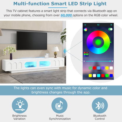 ON-TREND TV Stand With Fluted Tempered Glass Doors For TVs Up To 95'', Functional Media Console With Arched Cabinet Doors, Entertainment Center With APP-Controlled LED Light For Living Room, White