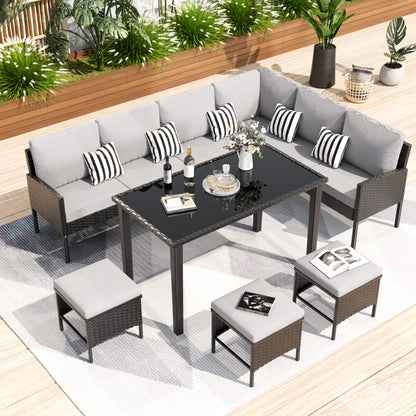 Small Space Patio Furniture 7-piece Outdoor Furniture Set, Backyard Furniture Set, Waterproof Seat Cushion, Glass Table, Space Saving, Suitable For Backyard, Terrace Or Garden,Gray