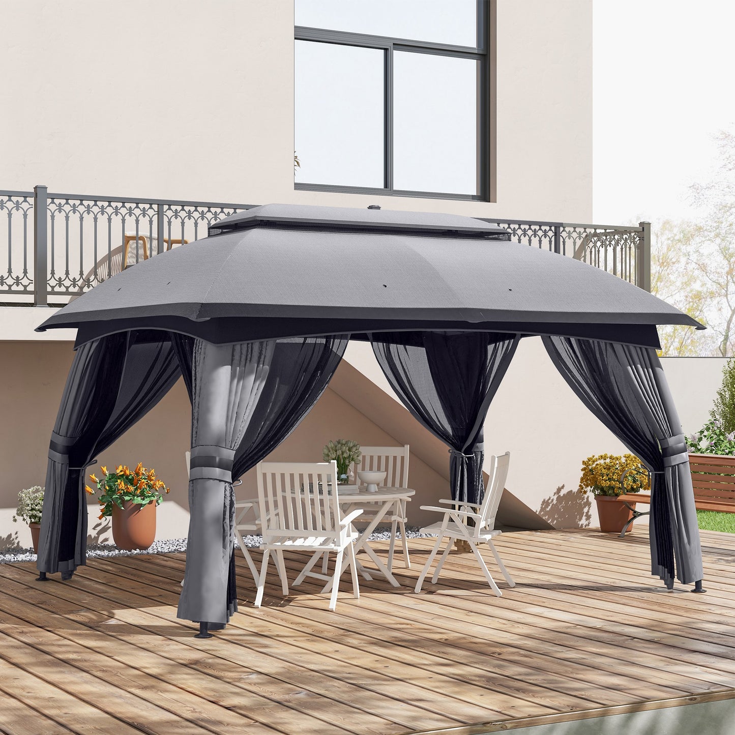 10' x 13' Patio Gazebo, Outdoor Gazebo Canopy Shelter with Netting, Vented Roof for Garden, Dark Gray