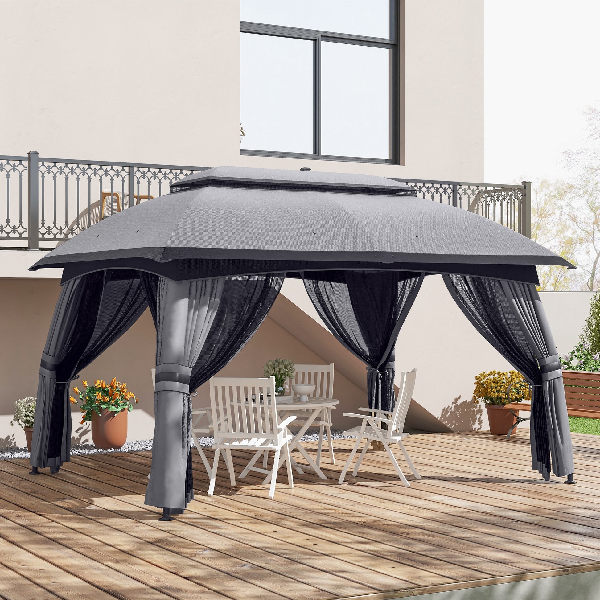 10' x 13' Patio Gazebo, Outdoor Gazebo Canopy Shelter with Netting, Vented Roof for Garden, Dark Gray
