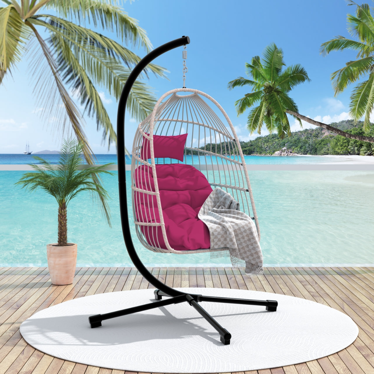 Outdoor Egg Hanging Chair With Stand  Patio Wicker Swing Egg Chair Indoor Swinging Chair Outdoor Hammock Egg Chair. Rose Red
