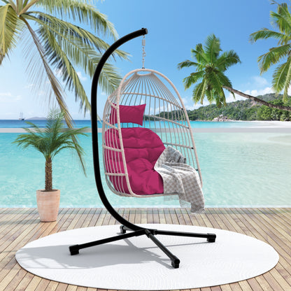 Outdoor Egg Hanging Chair With Stand  Patio Wicker Swing Egg Chair Indoor Swinging Chair Outdoor Hammock Egg Chair. Rose Red