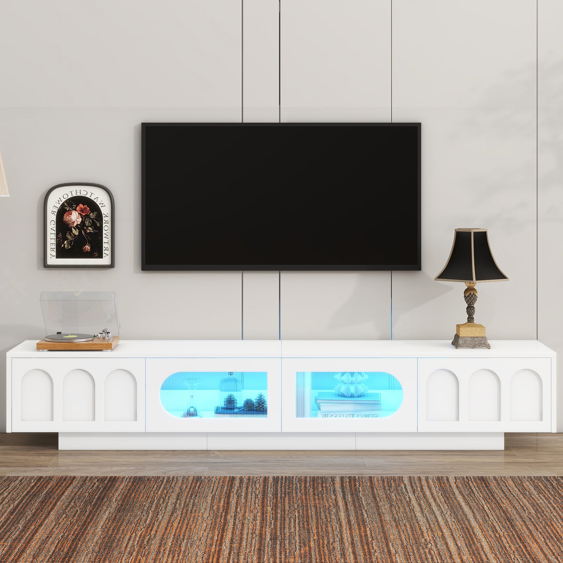 ON-TREND TV Stand With Fluted Tempered Glass Doors For TVs Up To 95'', Functional Media Console With Arched Cabinet Doors, Entertainment Center With APP-Controlled LED Light For Living Room, White
