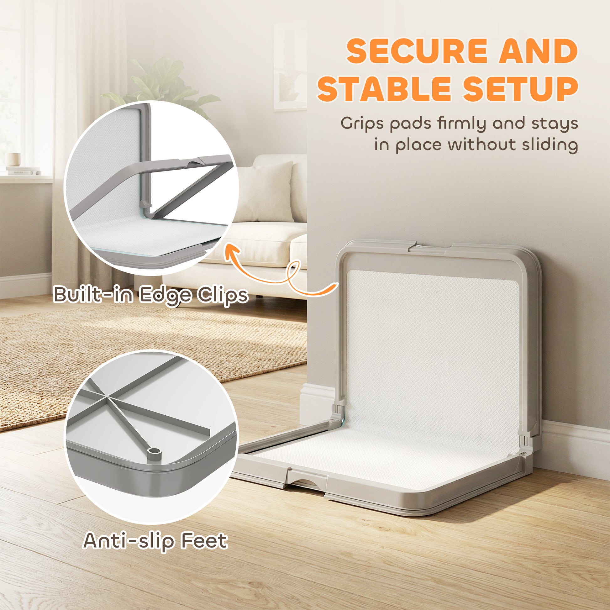 Pee Pad Holder Foldable Dog Litter Box with 3 Disposable Pads, 33.9" x 24.4", Gray