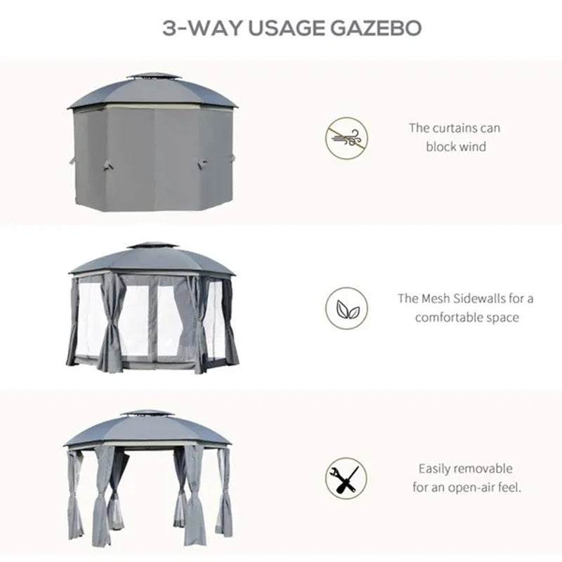 144x144 Inch Round Outdoor Gazebo, Patio Dome Gazebo Canopy Shelter With Double Roof, Netting Sidewalls And Curtains