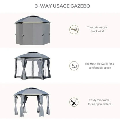 144x144 Inch Round Outdoor Gazebo, Patio Dome Gazebo Canopy Shelter With Double Roof, Netting Sidewalls And Curtains