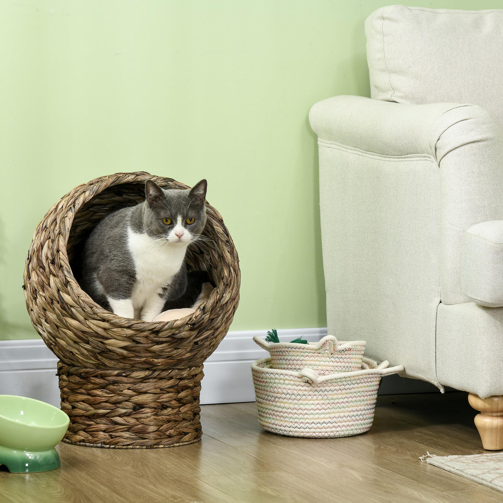 Handwoven Elevated Cat Bed with Soft Cushion & Egg Chair Shape, Basket Bed Kitty House with Stand, Raised Wicker House for Indoor Cats, 20" H, Gray