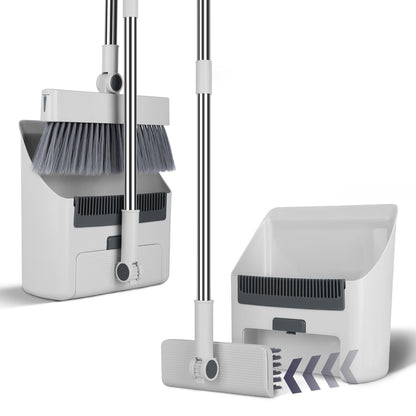 1Set Broom And Dustpan Combo Set With Squeegee Stainless Steel Handle 4 In 1 Upright Standing Broom And Dust Pan For Indoor Outdoor Garage Kitchen Room Office Sweeping