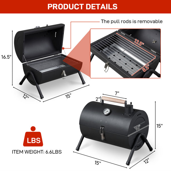 Portable Charcoal Grill With Thermometer & Wooden Handle, Compact Tabletop Barbecue Grill For Outdoor Camping BBQ Grilling  Party Cooking