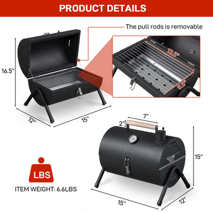 Portable Charcoal Grill With Thermometer & Wooden Handle, Compact Tabletop Barbecue Grill For Outdoor Camping BBQ Grilling  Party Cooking