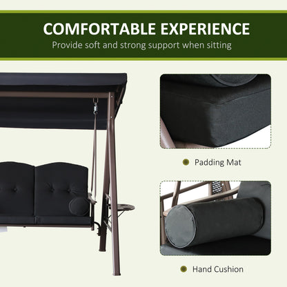 3-Seat Patio Swing Chair, Outdoor Porch Swing Glider with Adjustable Canopy, Removable Cushion, Pillows and Side Trays, for Garden, Poolside, Backyard, Black