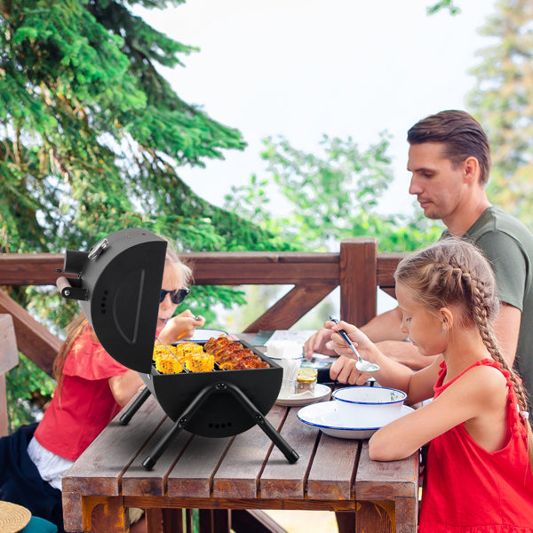 Portable Charcoal Grill With Thermometer & Wooden Handle, Compact Tabletop Barbecue Grill For Outdoor Camping BBQ Grilling  Party Cooking