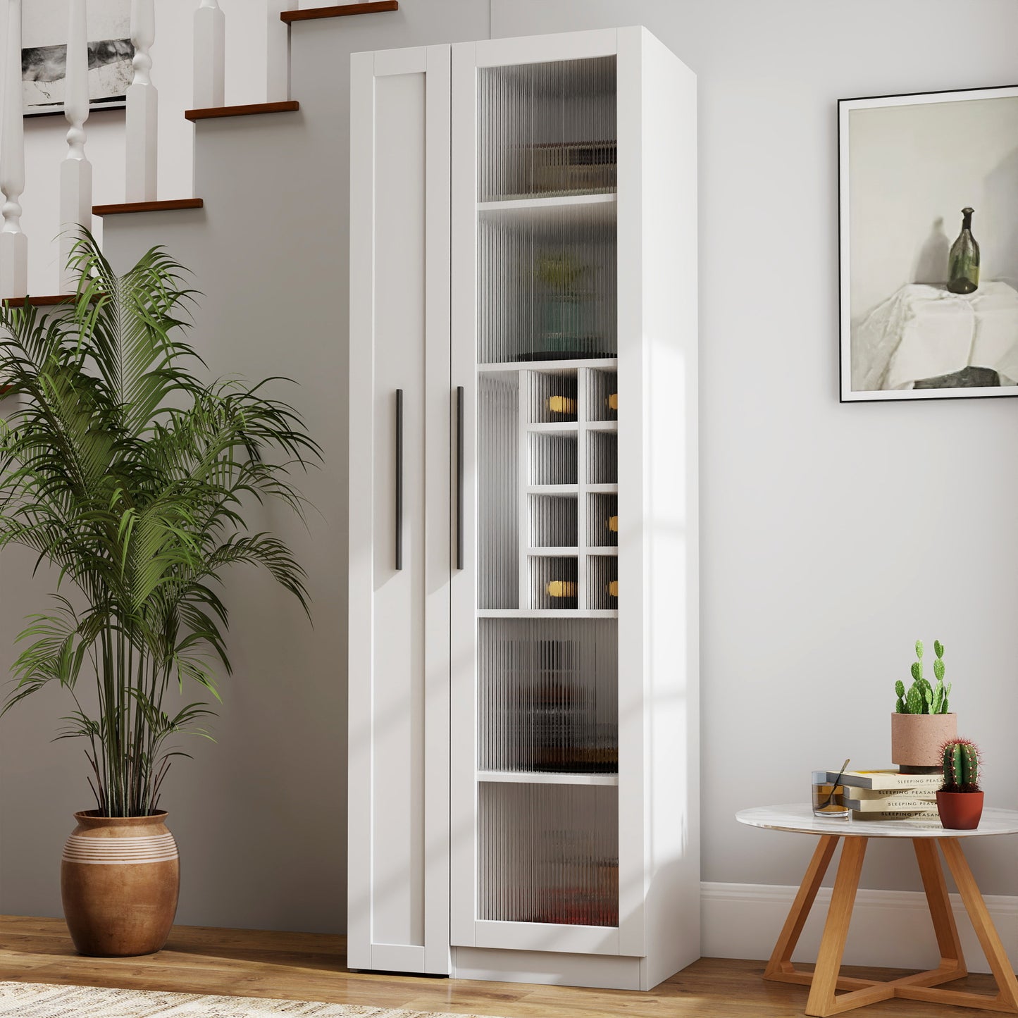 Kitchen Pantry Cabinet With Multi-functional Pull-out Multi-tier Storage Shelf,Farmhouse Storage Cabinet With Glass Doors,Pantry Organizers For Kitchen, Bar Cabinet,Dining Room