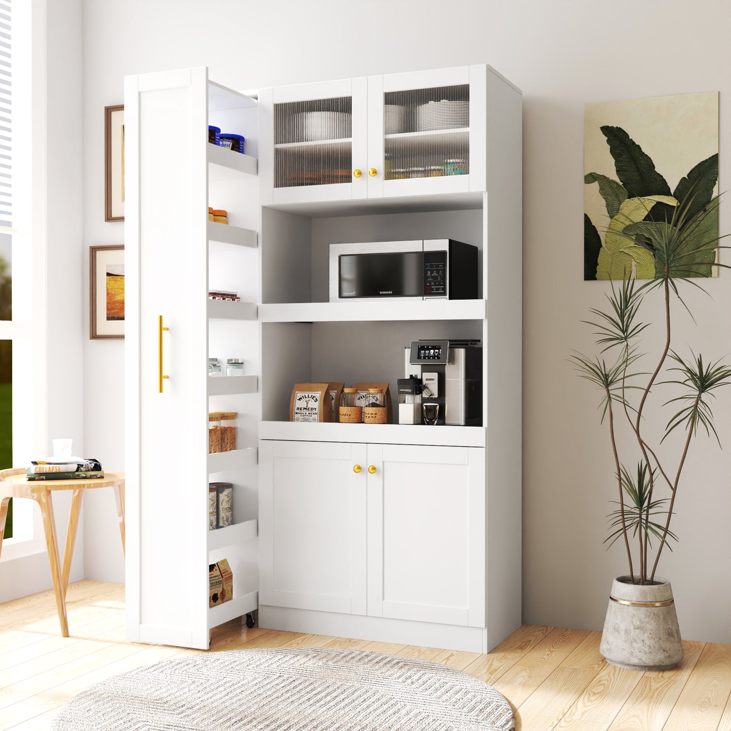 Kitchen Pantry Cabinet With Multi-functional Pull-out Multi-tier Storage Shelf,Farmhouse Storage Cabinet With 4 Doors,Pantry Organizers For Kitchen,Dining Room White
