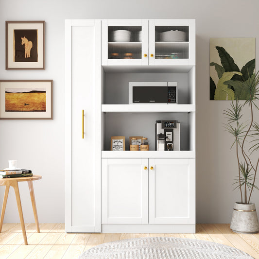 Kitchen Pantry Cabinet With Multi-functional Pull-out Multi-tier Storage Shelf,Farmhouse Storage Cabinet With 4 Doors,Pantry Organizers For Kitchen,Dining Room White